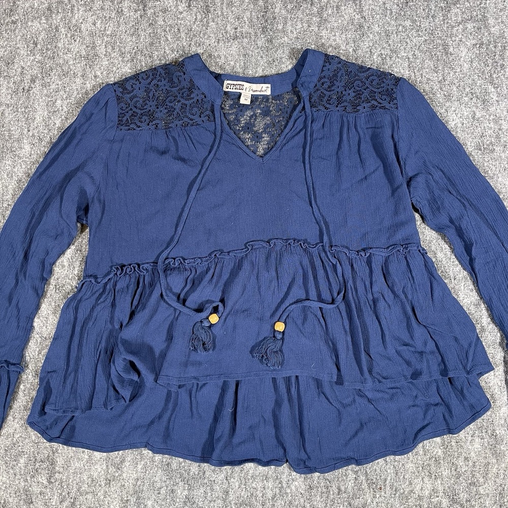 Gypsies & Moondust Boho Bell Sleeve Blue Top Women's Size M Witchy Crochet Crop - Picture 3 of 13